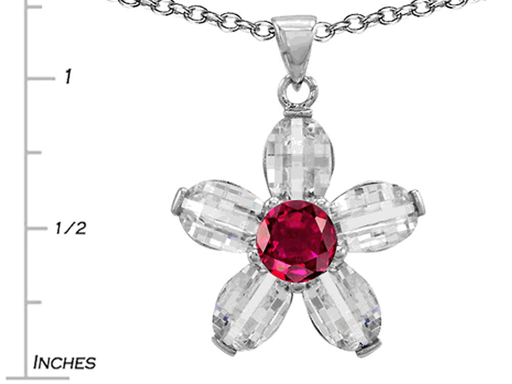 Star K Round Created Ruby Flower Pendant Necklace