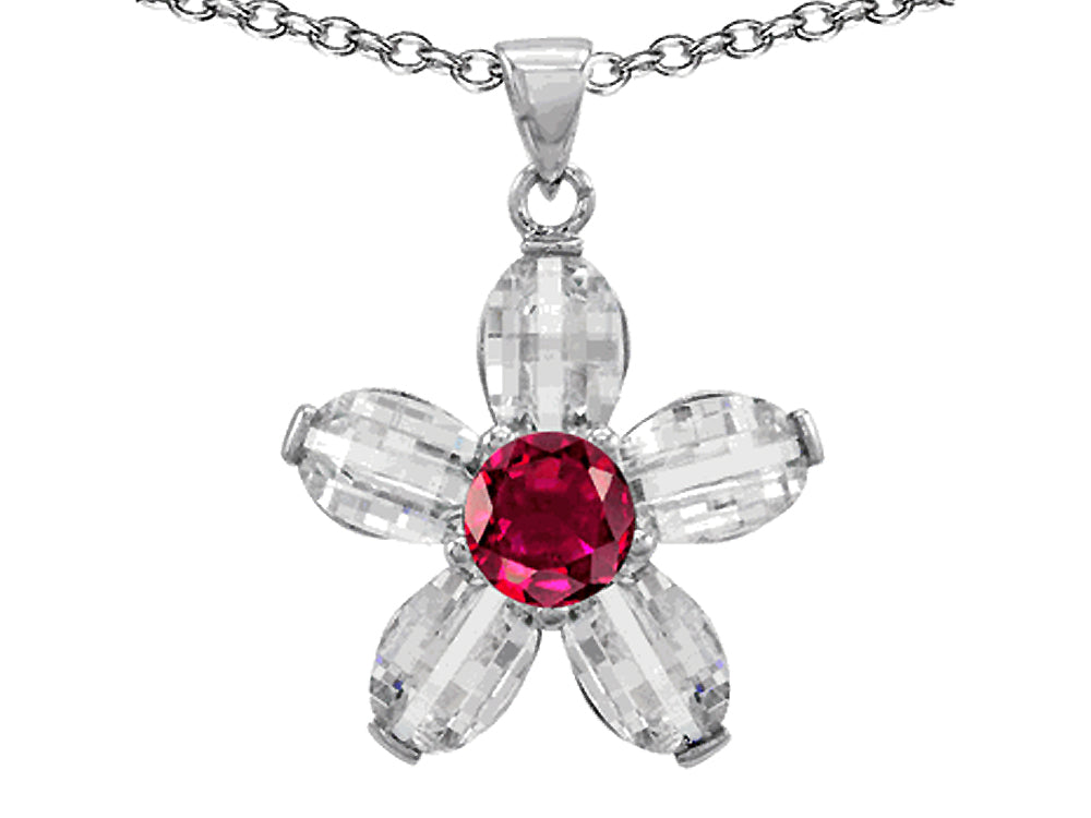 Star K Round Created Ruby Flower Pendant Necklace