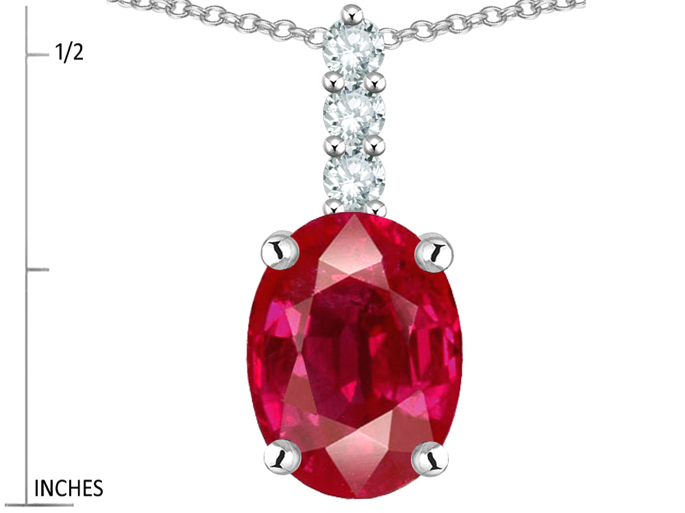 Star K  8x6mm Oval Created Ruby Three Stone Pendant Necklace
