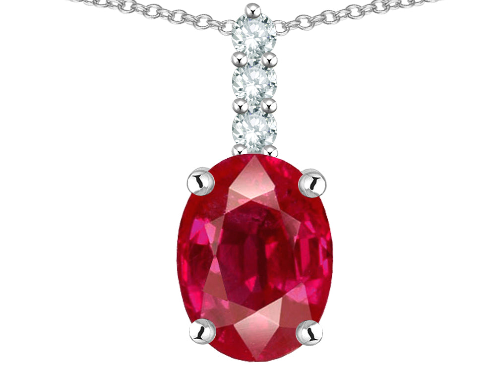Star K  8x6mm Oval Created Ruby Three Stone Pendant Necklace