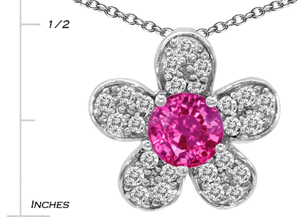 Star K Round Created Pink Sapphire Flower Pendant Necklace