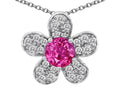 Star K Round Created Pink Sapphire Flower Pendant Necklace