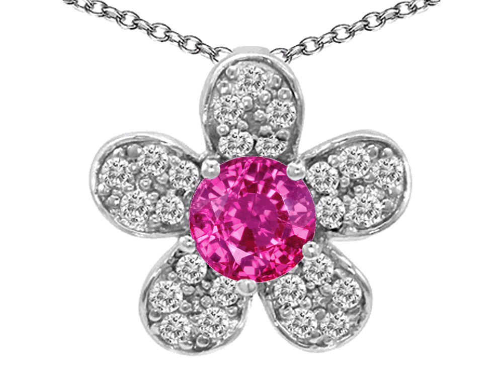 Star K Round Created Pink Sapphire Flower Pendant Necklace