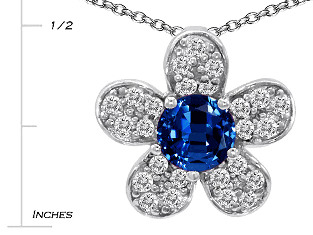 Star K Round Created Sapphire Flower Pendant Necklace