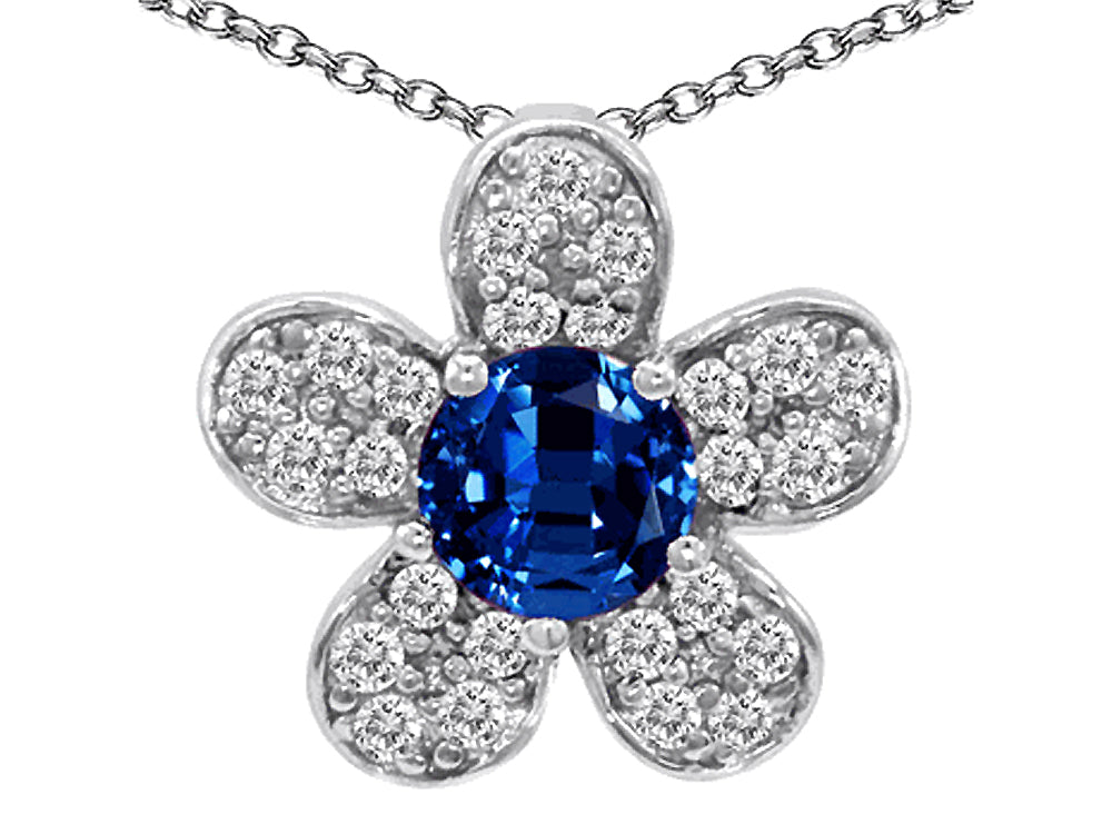 Star K Round Created Sapphire Flower Pendant Necklace