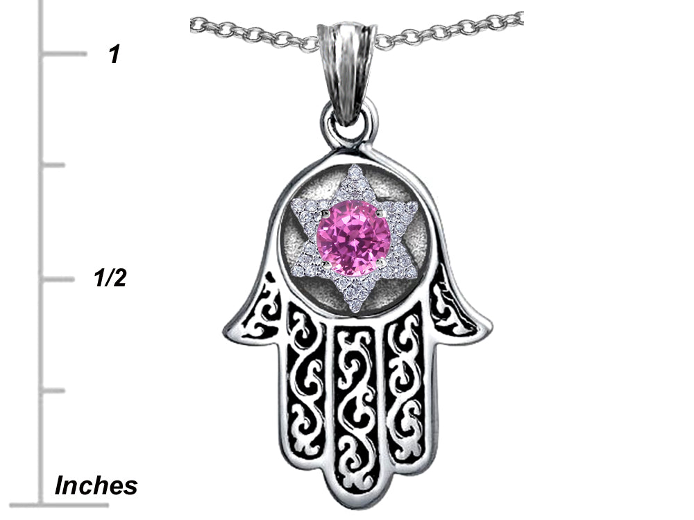 Star K Hamsa Evil Eye Protection Pendant Necklace Round Created Pink Sapphire