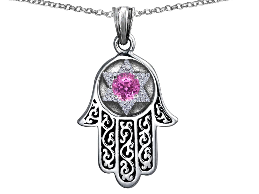 Star K Hamsa Evil Eye Protection Pendant Necklace Round Created Pink Sapphire