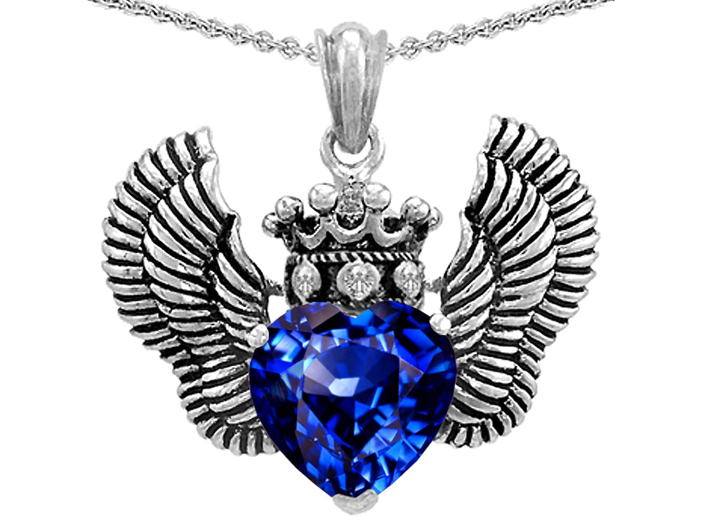 Star K Heart Shape Created Sapphire Wings True Love Pendant Necklace