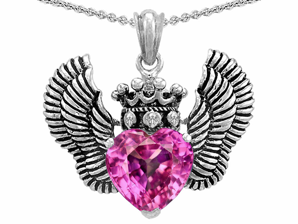 Star K Heart Shape Created Pink Sapphire Wings True Love Pendant Necklace