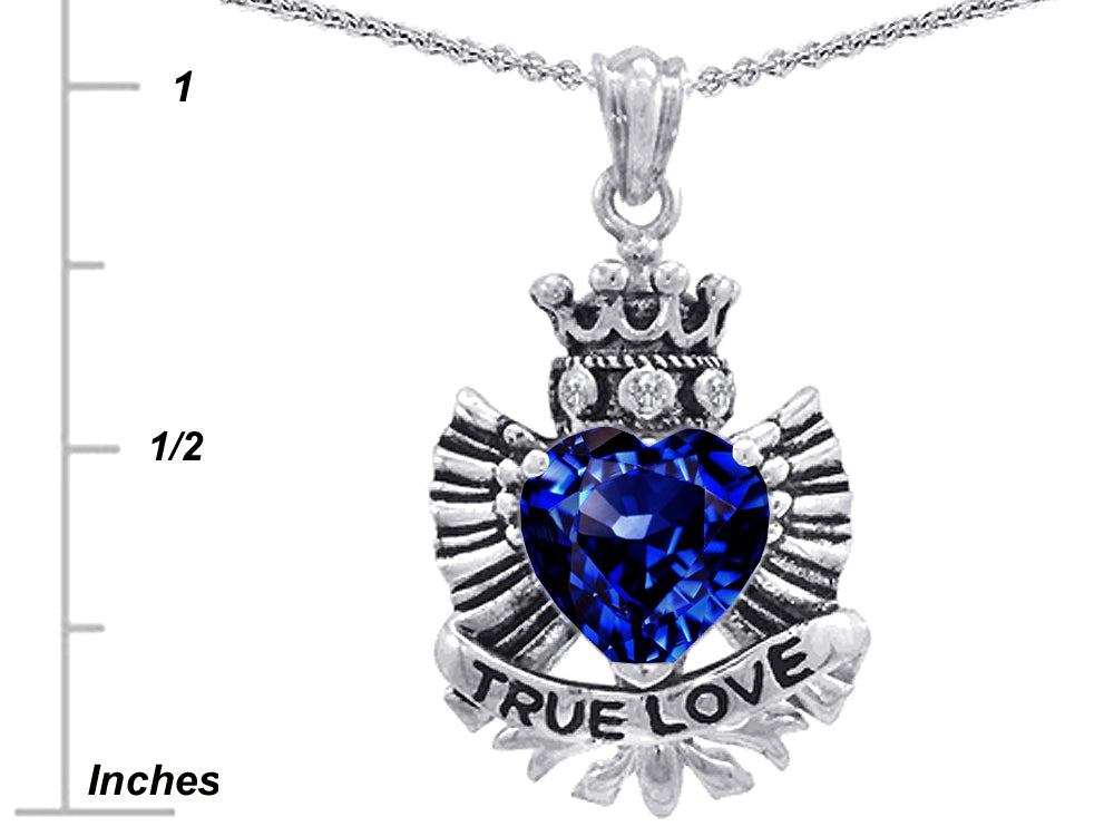 Star K True Love Created Sapphire Heart Crown Angel Wings Pendant Necklace