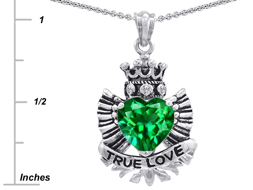 Star K True Love Simulated Emerald Heart Crown Angel Wings Pendant Necklace