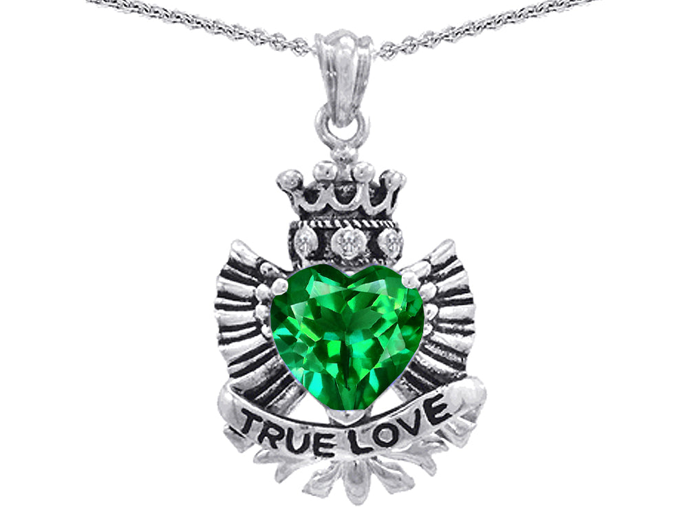 Star K True Love Simulated Emerald Heart Crown Angel Wings Pendant Necklace