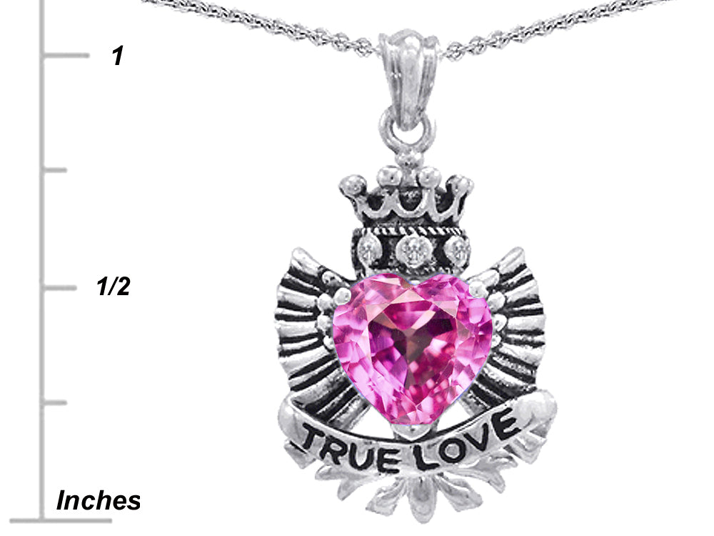 Star K True Love Created Pink Sapphire Heart Crown Angel Wings Pendant Necklace