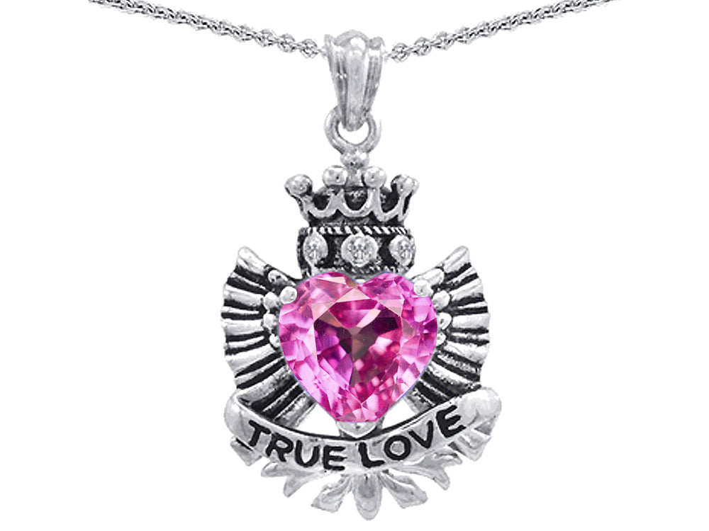 Star K True Love Created Pink Sapphire Heart Crown Angel Wings Pendant Necklace