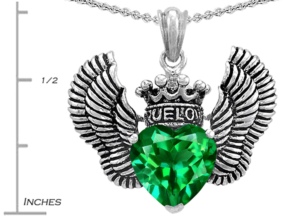 Star KTrue Love Heart Shape Simulated Emerald Crown Wings Pendant Necklace