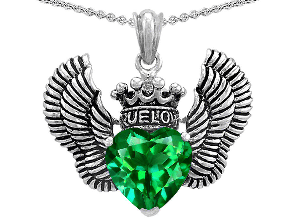 Star KTrue Love Heart Shape Simulated Emerald Crown Wings Pendant Necklace