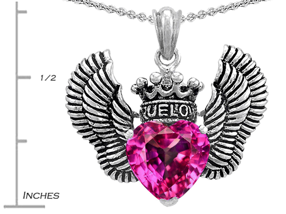 Star KTrue Love Heart Shape Created Pink Sapphire Crown Wings Pendant Necklace
