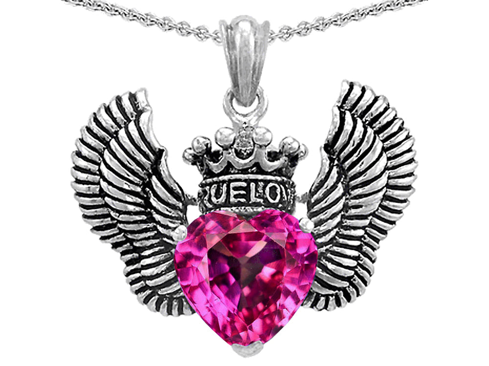 Star KTrue Love Heart Shape Created Pink Sapphire Crown Wings Pendant Necklace