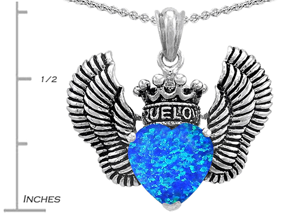 Star KTrue Love Heart Shape Blue Created Opal Crown Wings Pendant Necklace