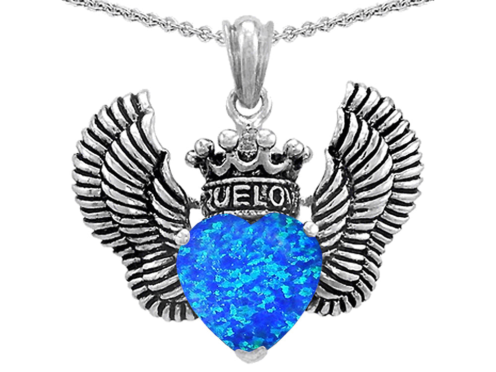 Star KTrue Love Heart Shape Blue Created Opal Crown Wings Pendant Necklace