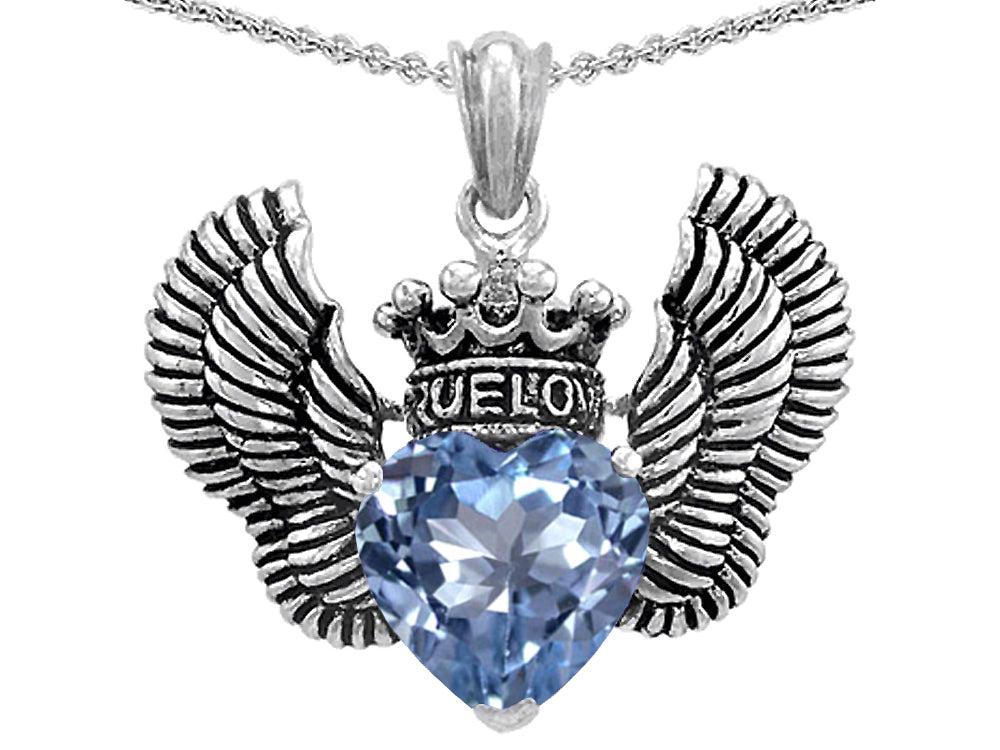 Star KTrue Love Heart Shape Simulated Aquamarine Crown Wings Pendant Necklace