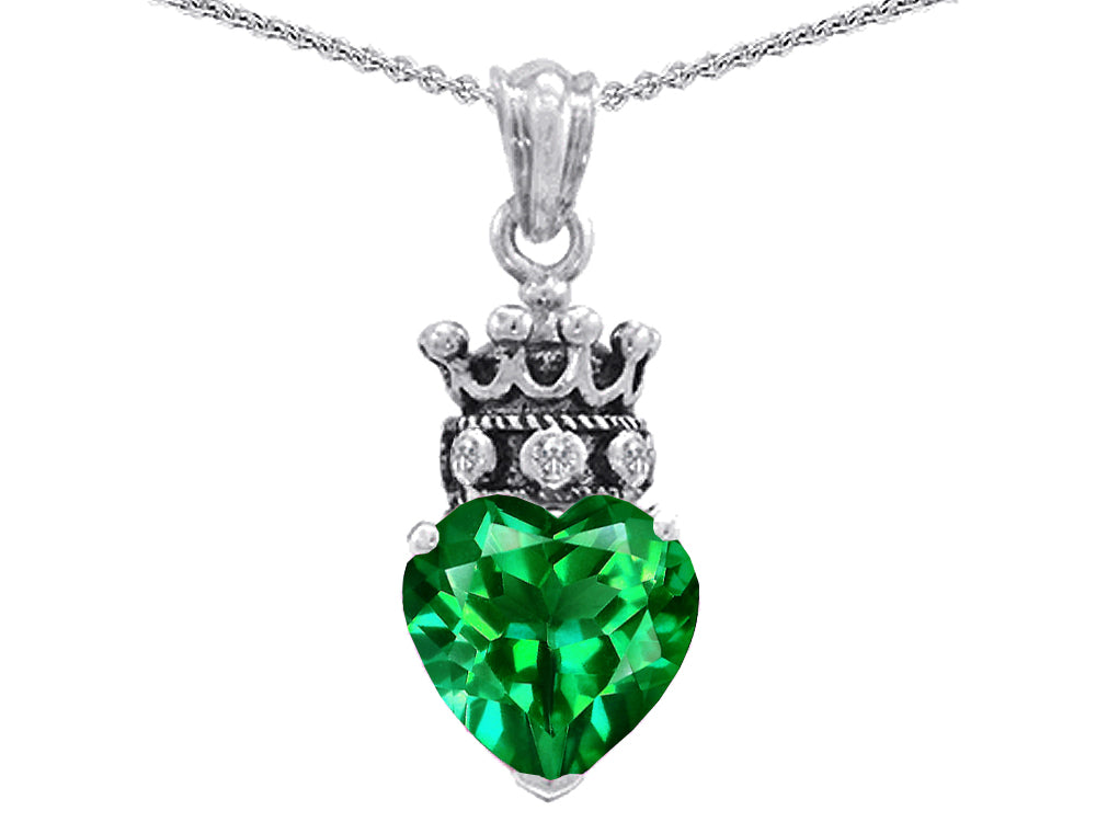 Star K Simulated Emerald Heart Crown True Love Pendant Necklace