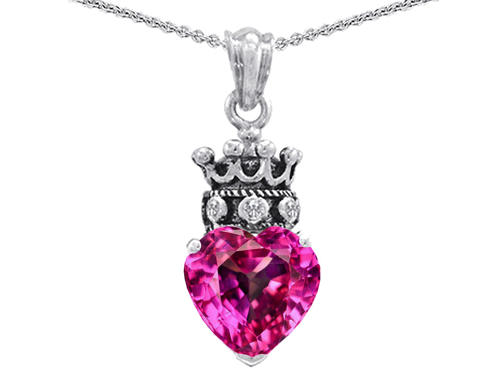 Star K Created Pink Sapphire Heart Crown True Love Pendant Necklace