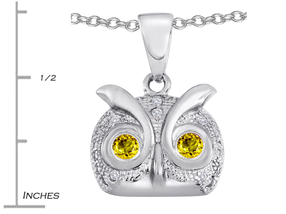 Star K Round Simulated Citrine Good Luck Owl Pendant Necklace