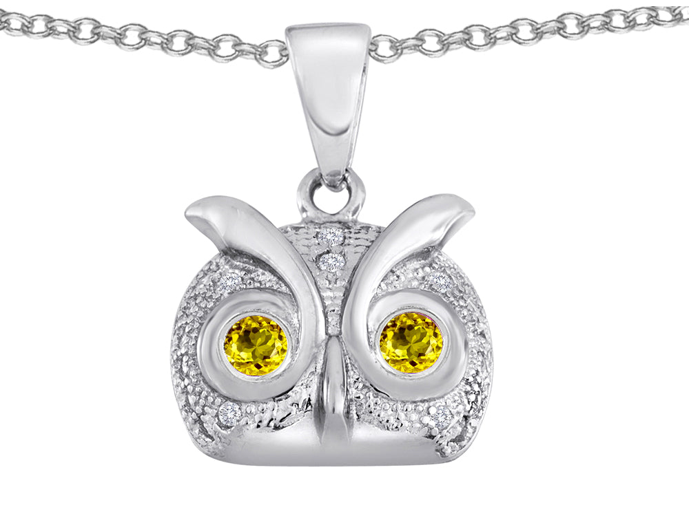 Star K Round Simulated Citrine Good Luck Owl Pendant Necklace