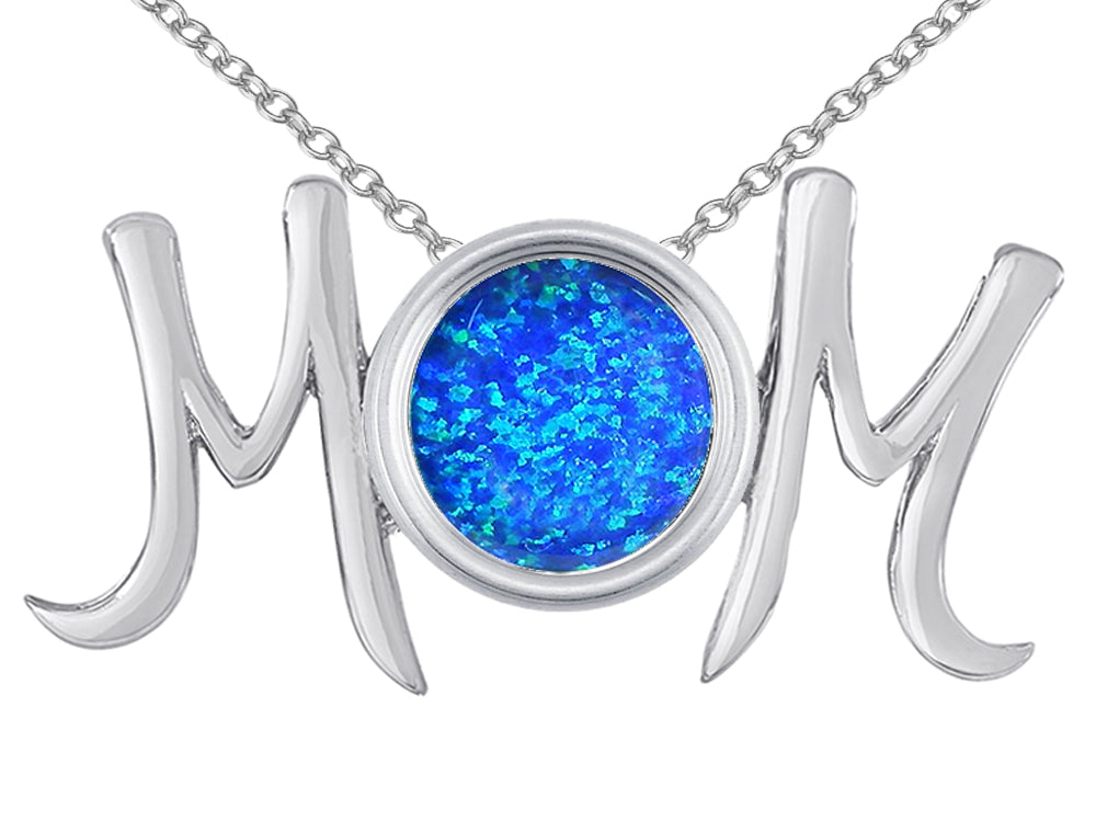 Star K Round Blue Created Opal MOM Mother's Pendant Necklace