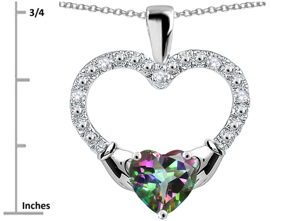 Star K Hands Holding Heart Rainbow Mystic Topaz Claddagh Pendant Necklace