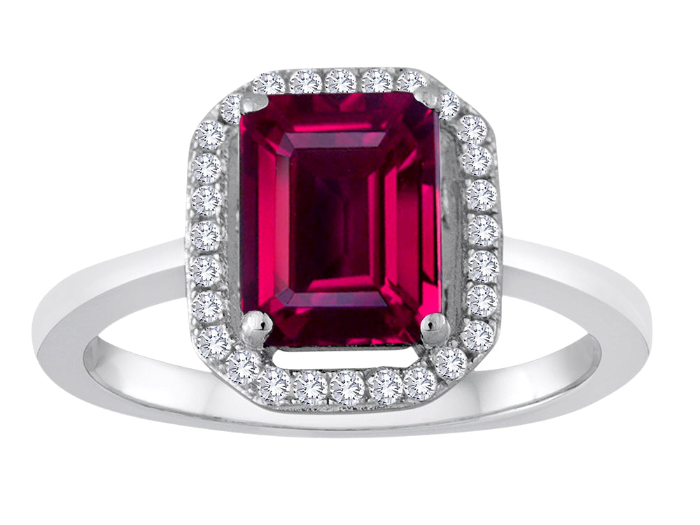 Star K Emerald Cut Created Ruby Halo Ring