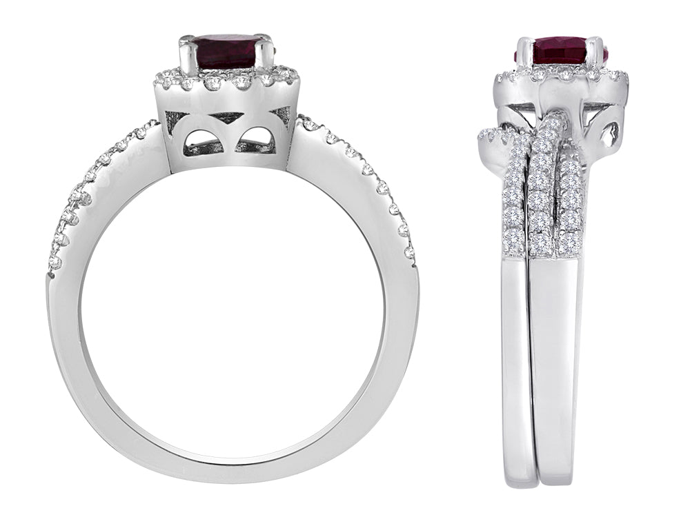 Star K Round Created Ruby Halo Wedding Set