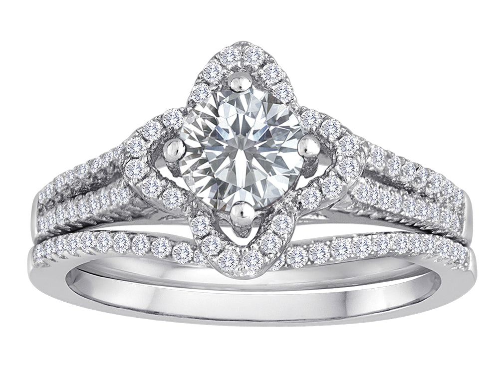Star K Round White Topaz Halo Wedding Set