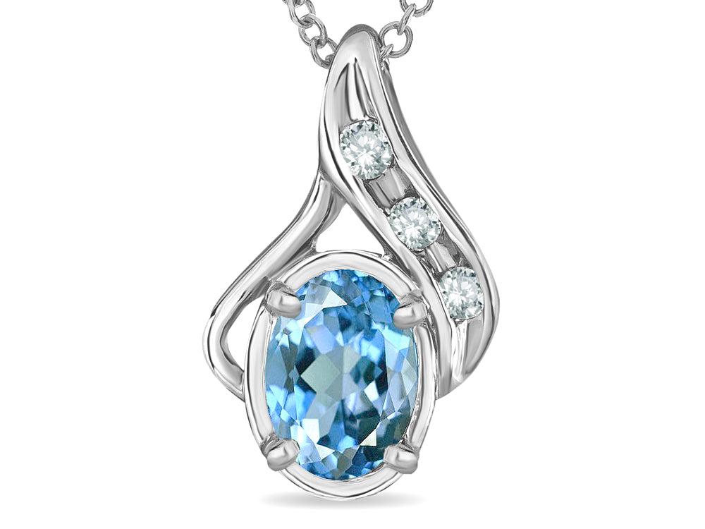 Star K Oval 7x5mm Genuine Blue Topaz Drop Pendant Necklace