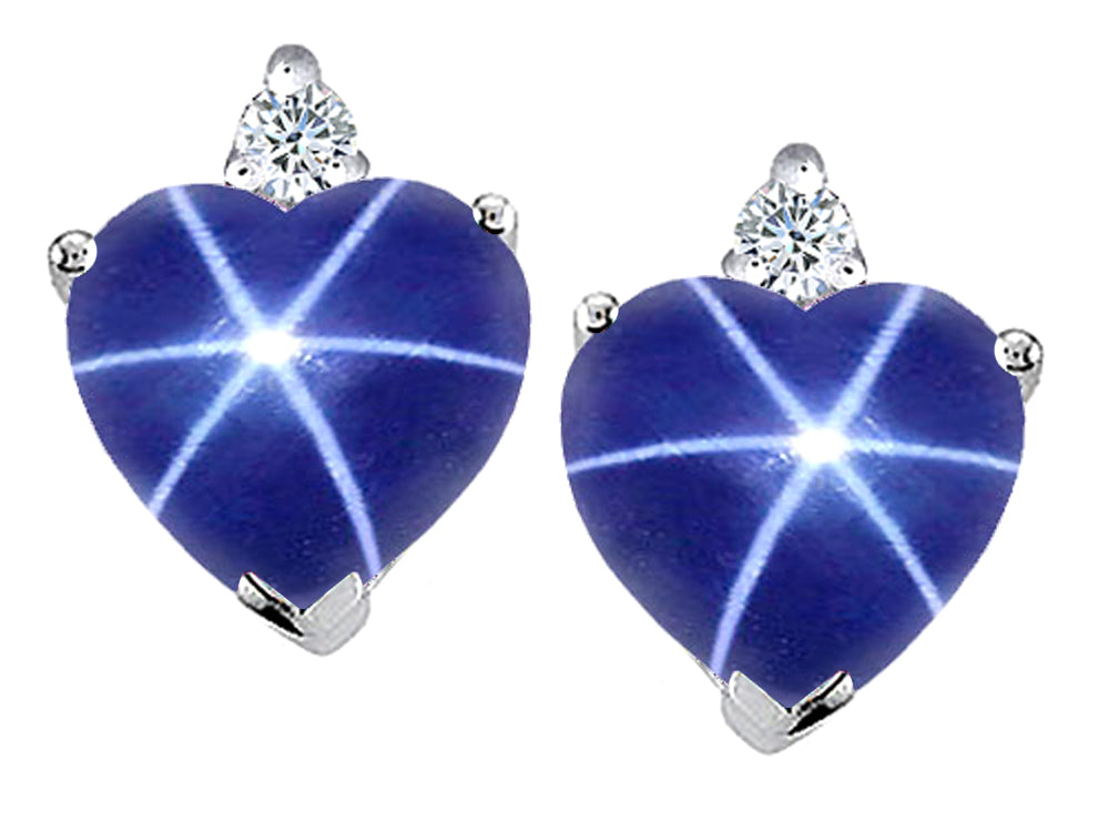 Tommaso Design Heart Shape Created Star Sapphire and Diamonds Earrings Studs