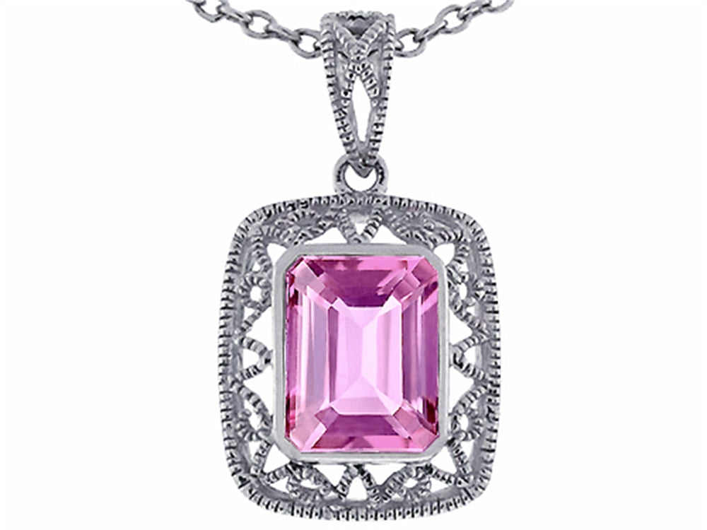 Star K Emerald Cut Created Pink Sapphire Pendant Necklace