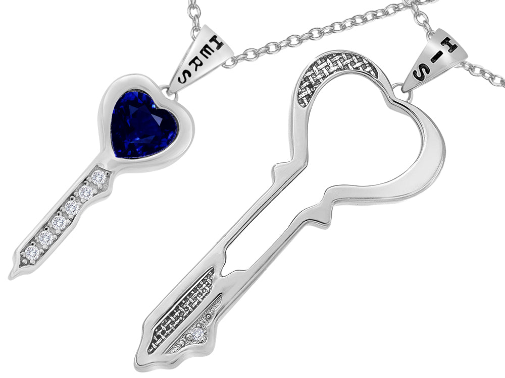 Star K His and Hers Key to my Heart Couple 2pcs Pendant Necklace Set with Simulated Sapphire