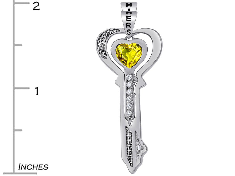 Star K His and Hers Key to my Heart Couple 2pcs Pendant Necklace Set with Simulated Citrine