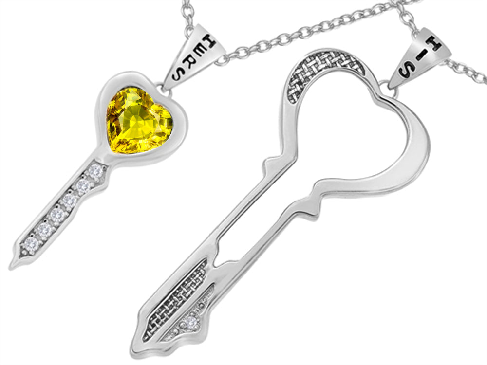 Star K His and Hers Key to my Heart Couple 2pcs Pendant Necklace Set with Simulated Citrine