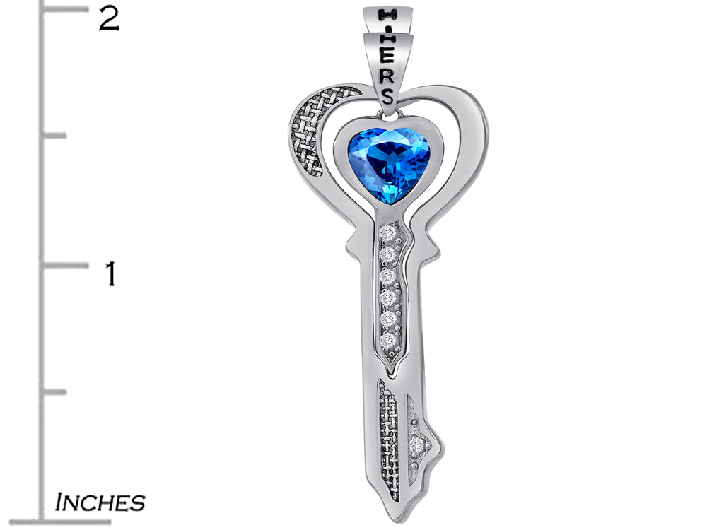Star K His and Hers Key to my Heart Couple 2pcs Pendant Necklace Set with Simulated Blue Topaz