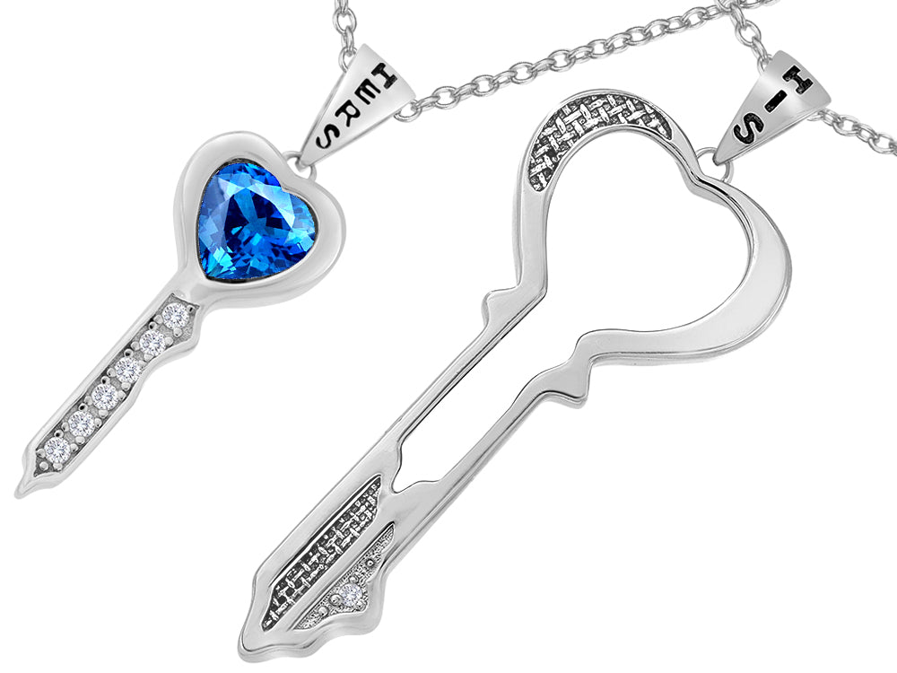 Star K His and Hers Key to my Heart Couple 2pcs Pendant Necklace Set with Simulated Blue Topaz