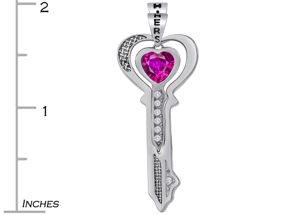 Star K His and Hers Key to my Heart Couple 2pcs Pendant Necklace Set with Created Pink Sapphire
