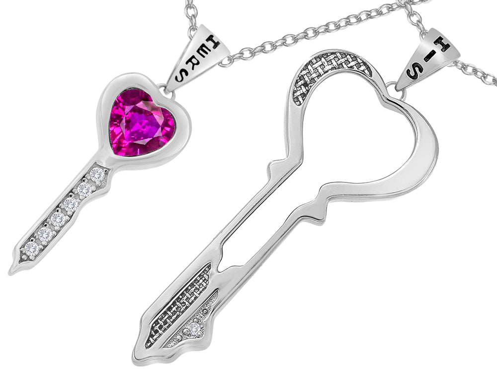 Star K His and Hers Key to my Heart Couple 2pcs Pendant Necklace Set with Created Pink Sapphire