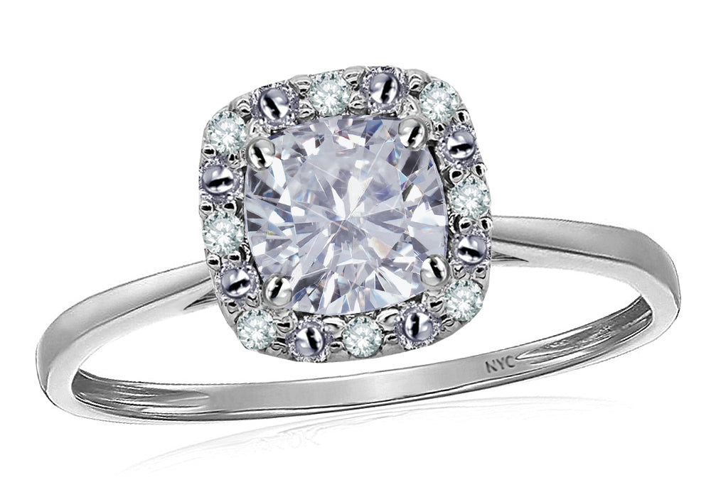 Star K 14 kt White Gold Classic Cushion-Cut White Topaz Designer Halo Ring