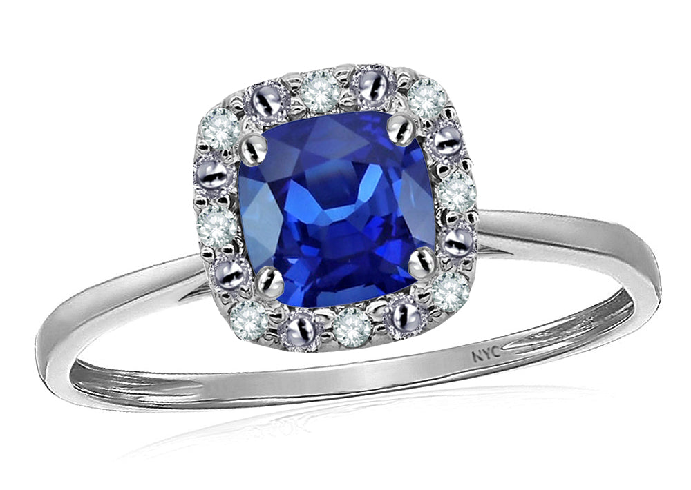 Star K 14 kt White Gold Classic Cushion-Cut Created Sapphire Designer Halo Ring
