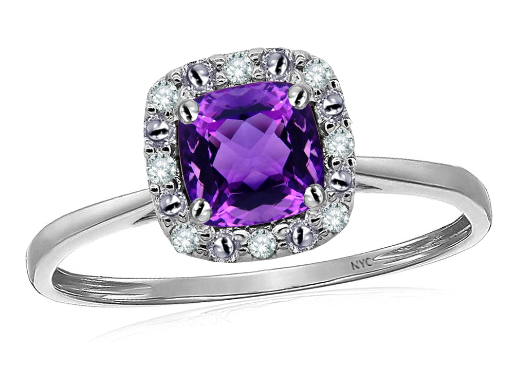 Star K 14 kt White Gold Classic Cushion-Cut Amethyst Designer Halo Ring