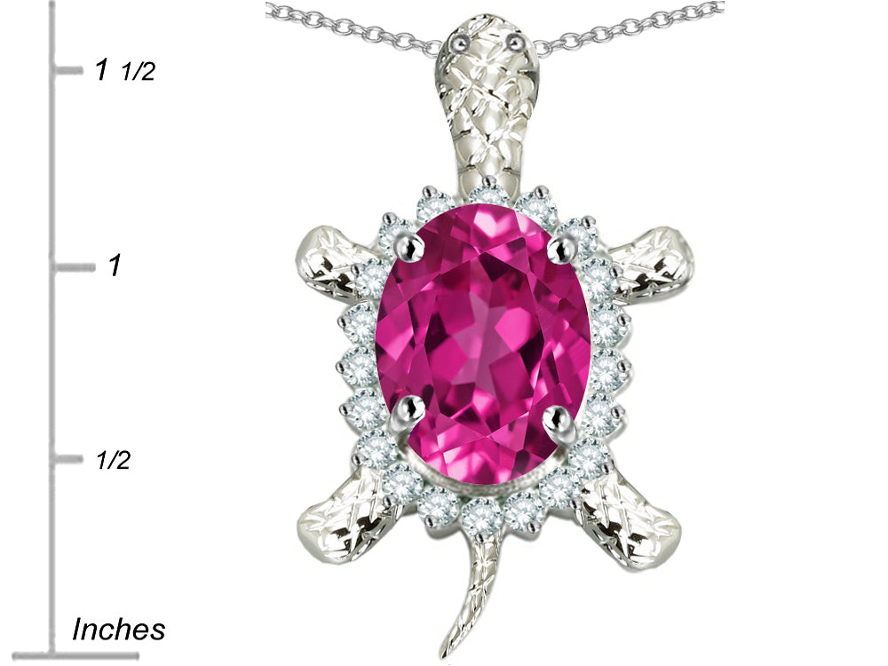 Star K Good Luck Turtle Pendant Necklace With Oval 12x10mm Created Pink Sapphire