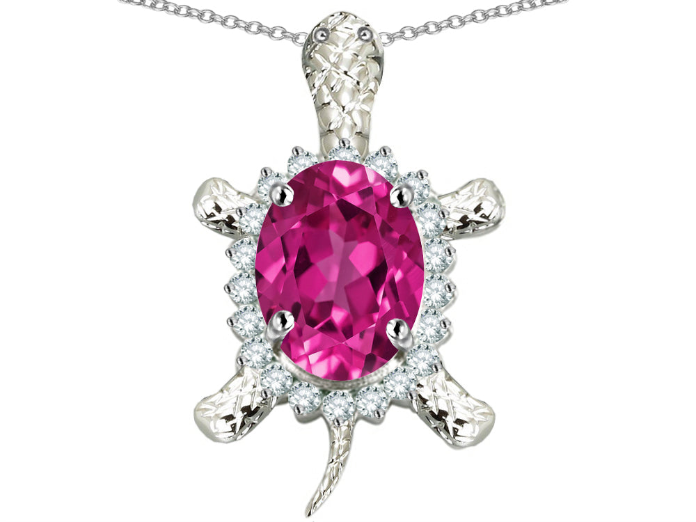 Star K Good Luck Turtle Pendant Necklace With Oval 12x10mm Created Pink Sapphire