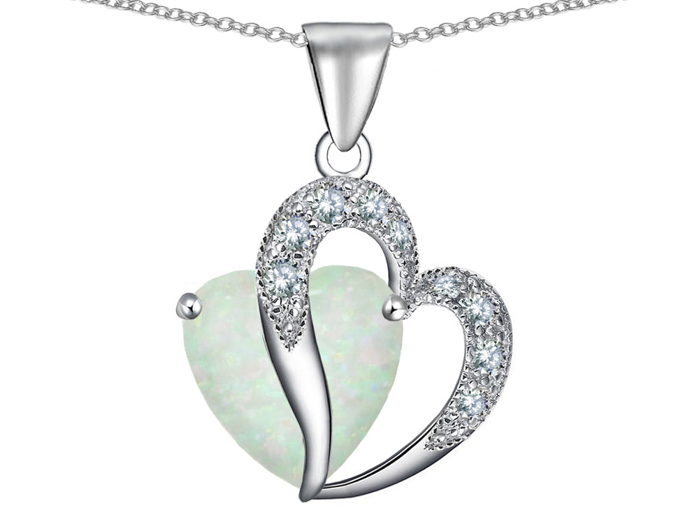 Star K Heart Shape 12mm White Created Opal and Cubic Zirconia Pendant Necklace
